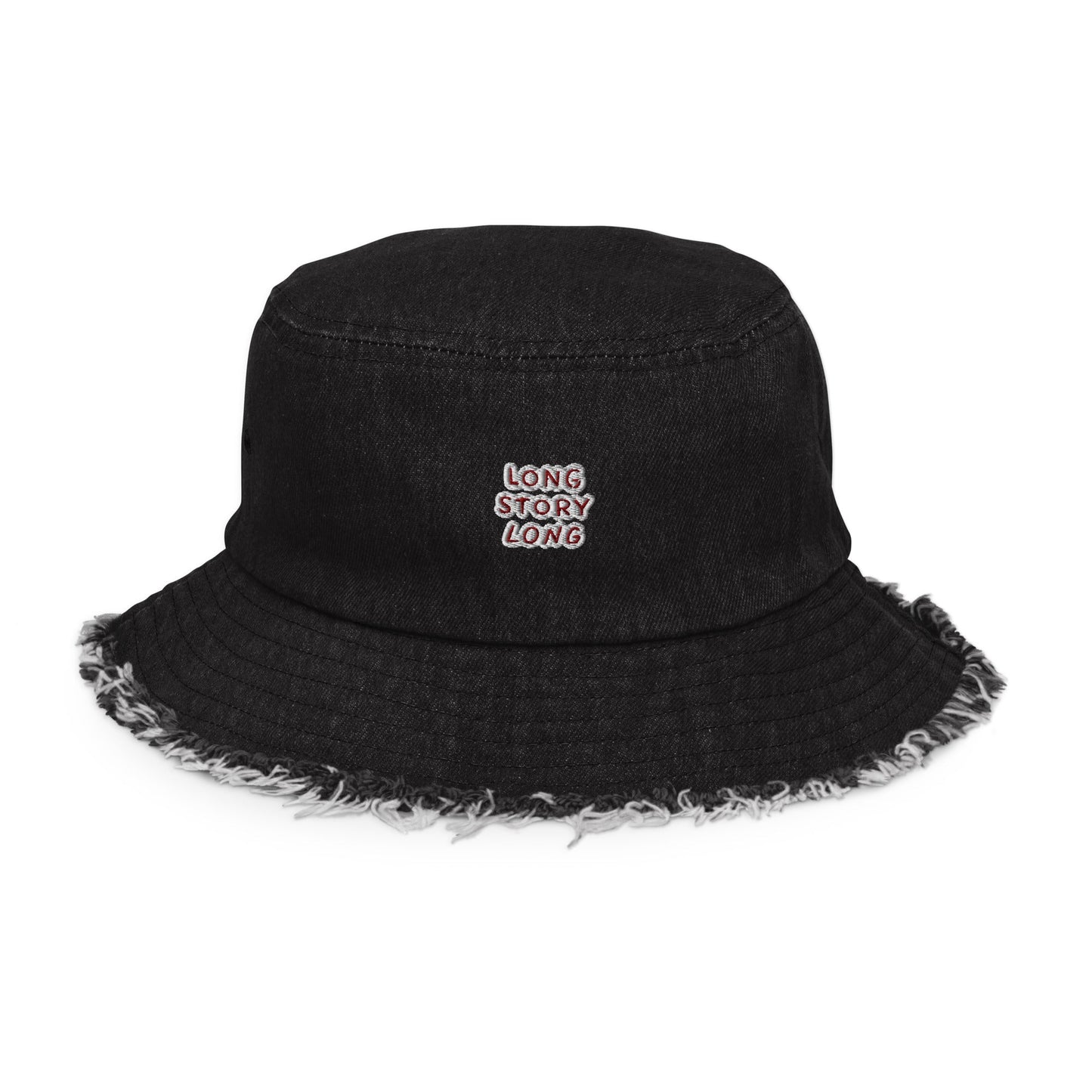 Long Story Long denim bucket hat, deep red stitch