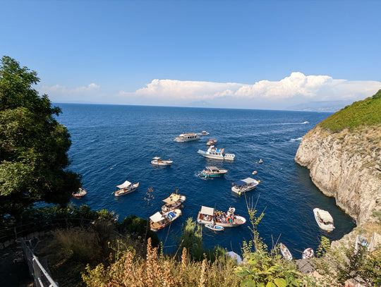 Boats clustered in the blue water off Capri