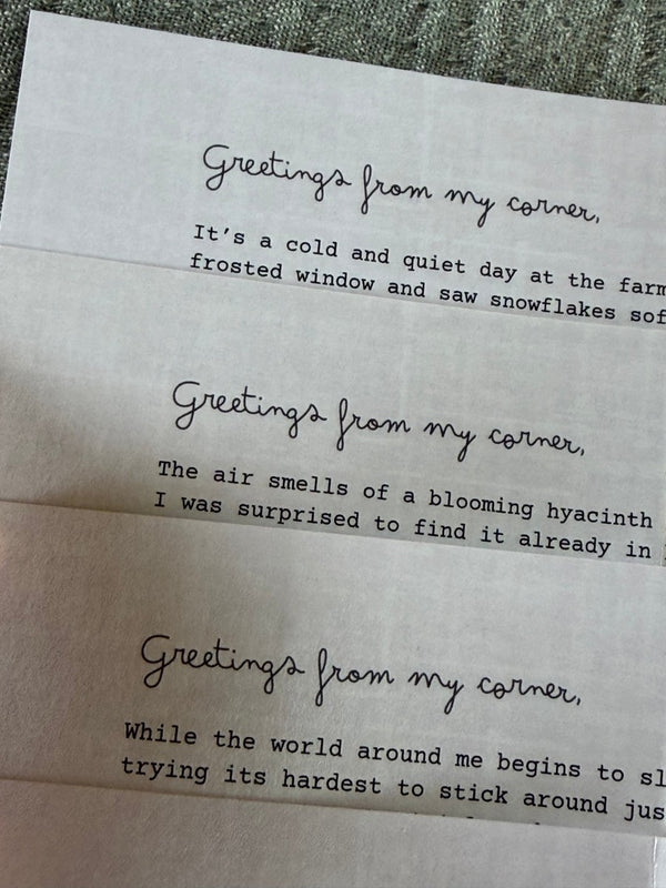 Cozy Corner Post letters that open with Greetings from my corner