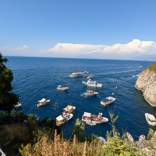 Boats clustered in the blue water off Capri